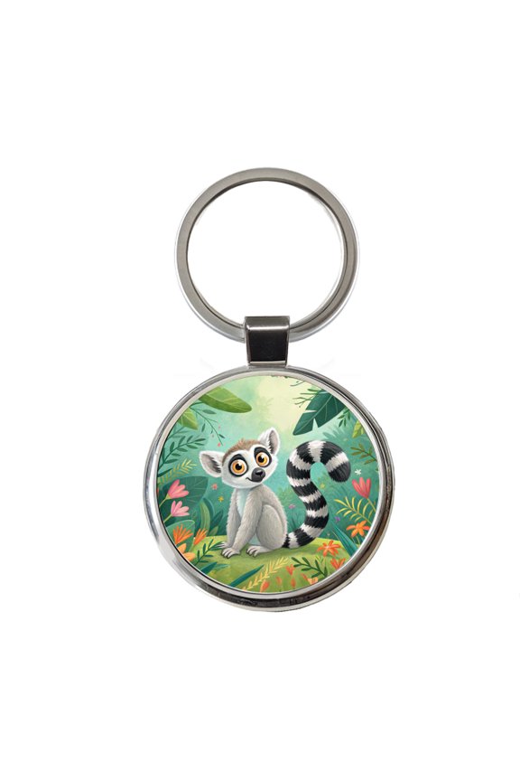 Ring-Tailed Lemur Children's Illustration Style Metal Round Keychain