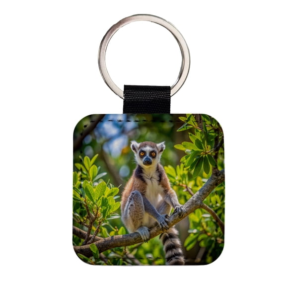 Ring-Tailed Lemur In Tree Faux Leather Square Keychain