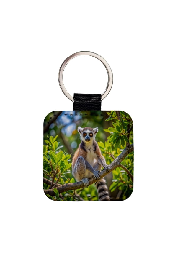 Ring-Tailed Lemur In Tree Faux Leather Square Keychain