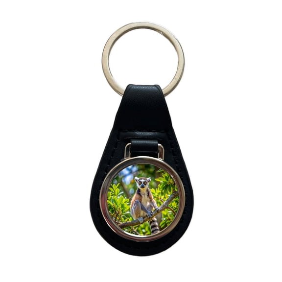 Ring-Tailed Lemur In Tree Metal Black Leather Keychain