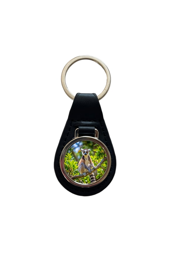 Ring-Tailed Lemur In Tree Metal Black Leather Keychain