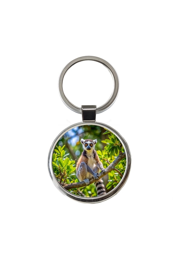 Ring-Tailed Lemur In Tree Metal Round Keychain