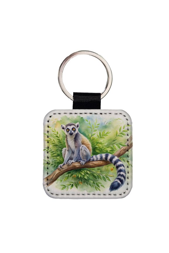 Ring-Tailed Lemur In Tree Watercolor Faux Leather Square Keychain