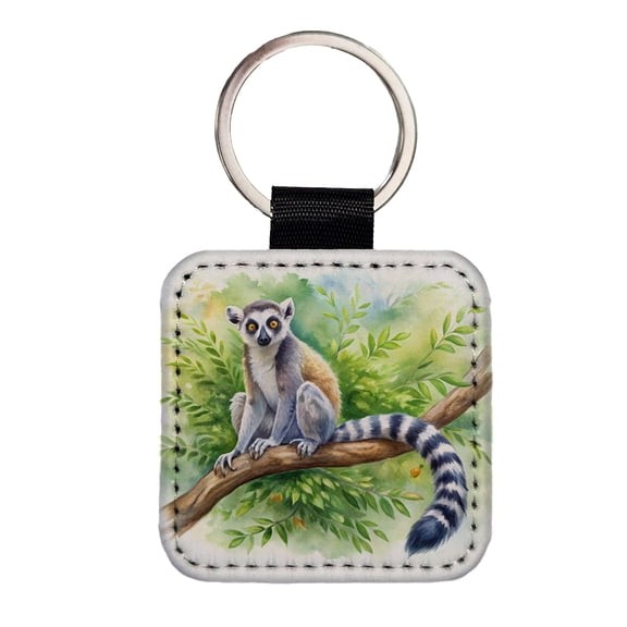 Ring-Tailed Lemur In Tree Watercolor Faux Leather Square Keychain