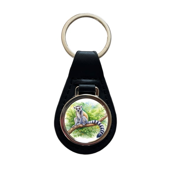 Ring-Tailed Lemur In Tree Watercolor Metal Black Leather Keychain