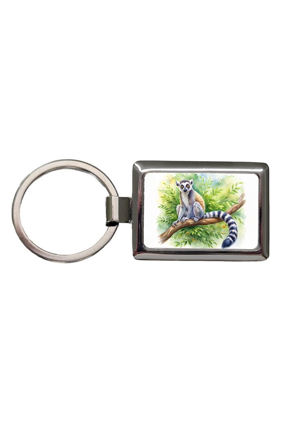 Ring-Tailed Lemur In Tree Watercolor Metal Rectangle Keychain