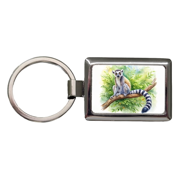 Ring-Tailed Lemur In Tree Watercolor Metal Rectangle Keychain