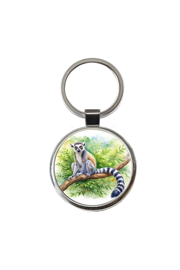 Ring-Tailed Lemur In Tree Watercolor Metal Round Keychain