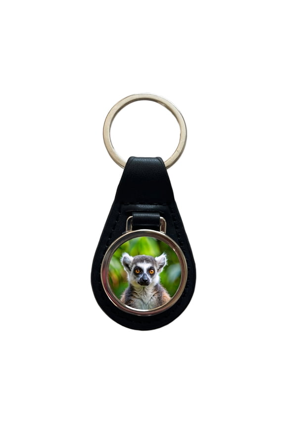 Ring-Tailed Lemur Metal Black Leather Keychain