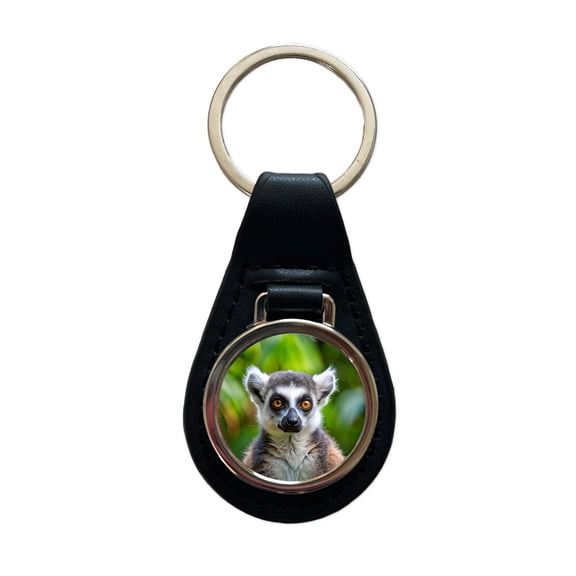 Ring-Tailed Lemur Metal Black Leather Keychain