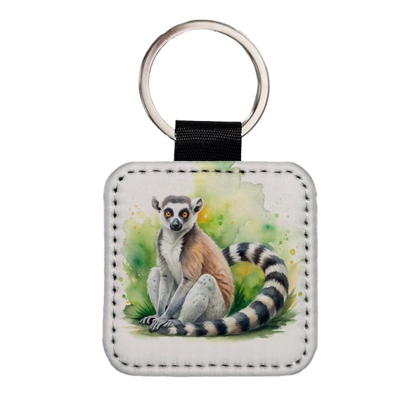 Ring-Tailed Lemur Watercolor Faux Leather Square Keychain