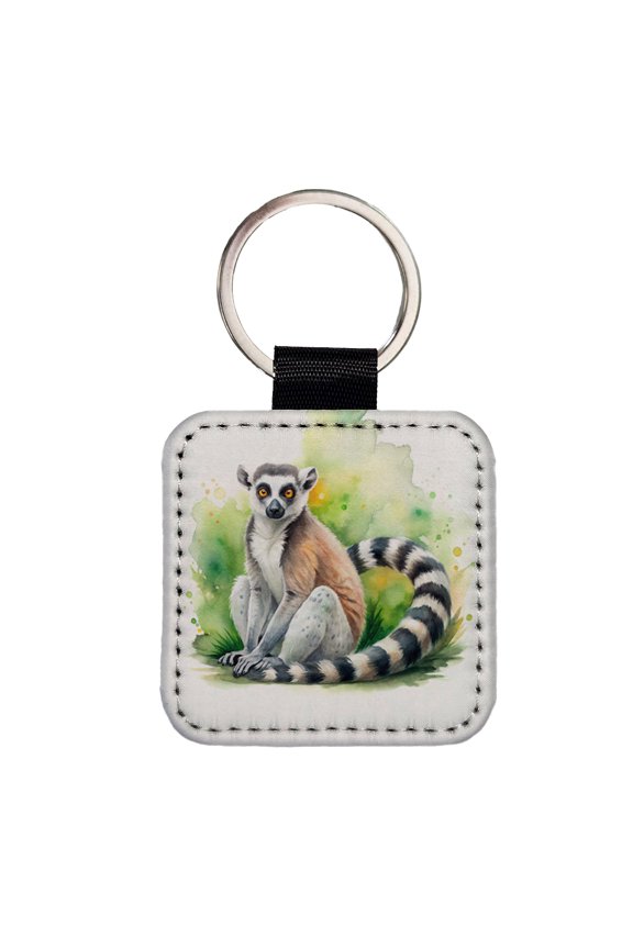 Ring-Tailed Lemur Watercolor Faux Leather Square Keychain