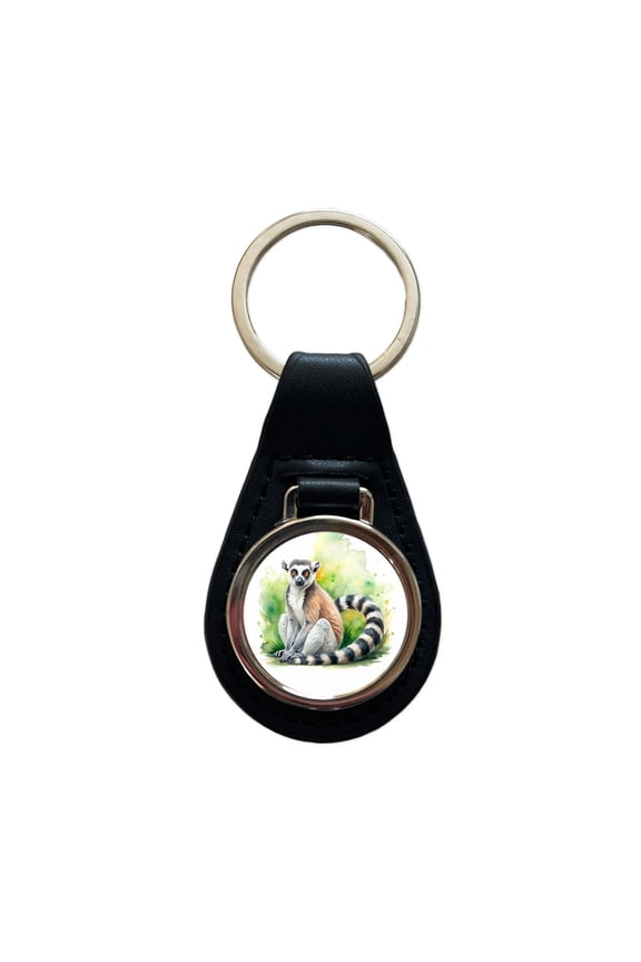 Ring-Tailed Lemur Watercolor Metal Black Leather Keychain