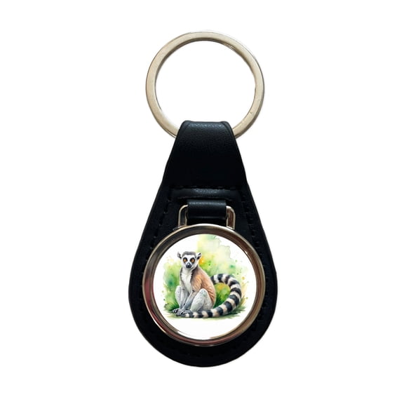 Ring-Tailed Lemur Watercolor Metal Black Leather Keychain
