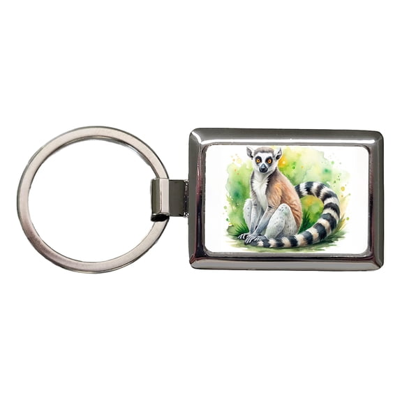 Ring-Tailed Lemur Watercolor Metal Rectangle Keychain
