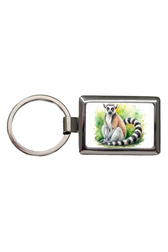 Ring-Tailed Lemur Watercolor Metal Rectangle Keychain