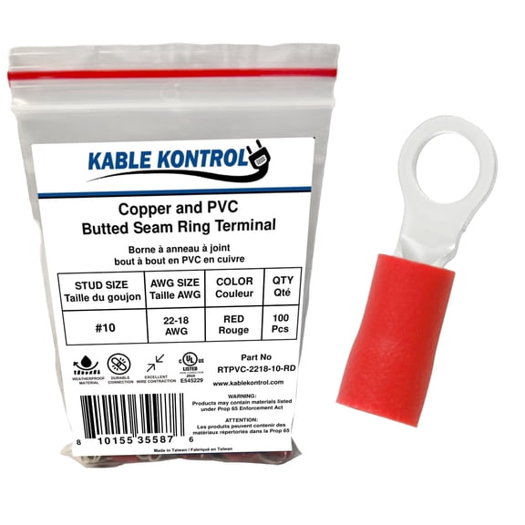 Ring Terminal Connector - PVC Vinyl Insulated - 22-18 AWG - Stud Size # 10 - Red - 100 Pcs