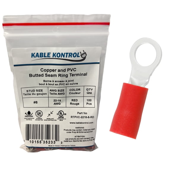 Ring Terminal Connector - PVC Vinyl Insulated - 22-18 AWG - Stud Size # 8 - Red - 100 Pcs