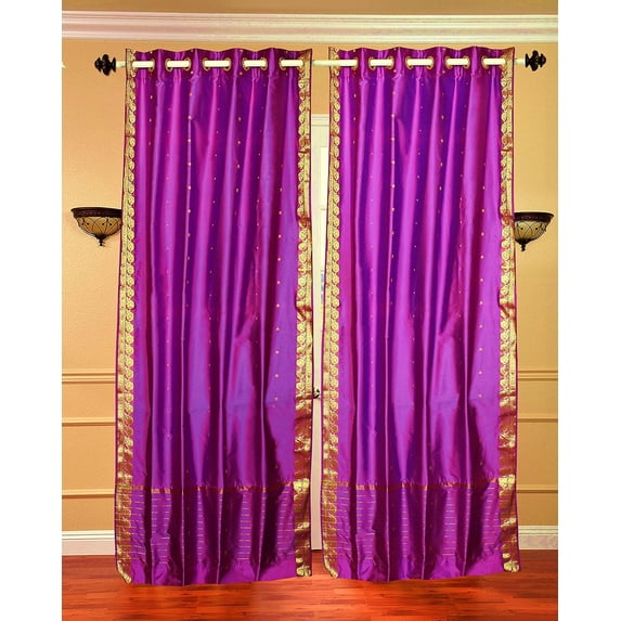 Ring Top Sheer Sari Curtains 43"W X 120"L matching tiebacks- Handcrafted Violet Red Indian Drapes Unlined for light & airy ambience Perfect for Living/Bedroom/Dining Room Sold in Pairs