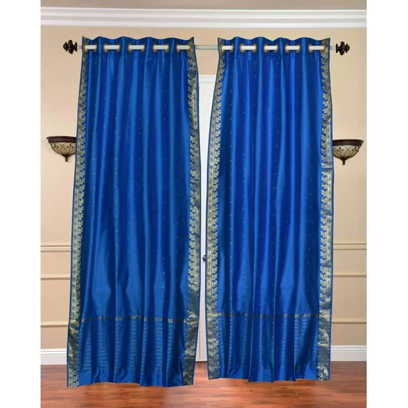 Ring Top Sheer Sari Curtains 60" W X 108" L matching tiebacks- Handcrafted Blue Indian Drapes Unlined for light & airy ambience Perfect for Living/Bedroom/Dining Room Sold in Pairs