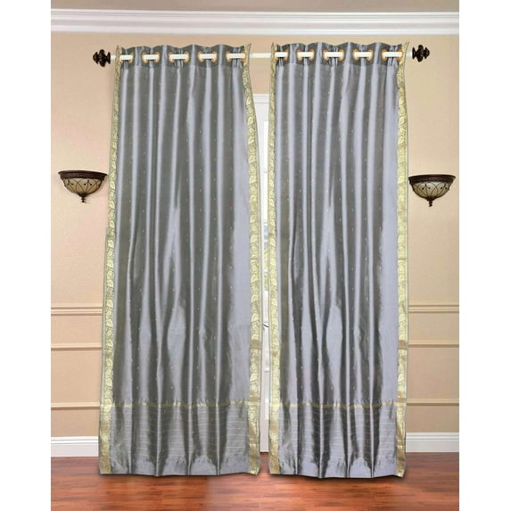 Ring Top Sheer Sari Curtains 60" W X 63" L matching tiebacks- Handcrafted Gray Indian Drapes Unlined for light & airy ambience Perfect for Living/Bedroom/Dining Room Sold in Pairs