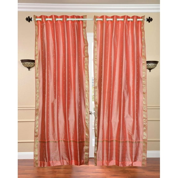 Ring Top Sheer Sari Curtains 80" W X 96" L matching tiebacks- Handcrafted Pink Drapes Unlined for light & airy ambience Perfect for Living/Bedroom/Dining Room Sold in Pairs
