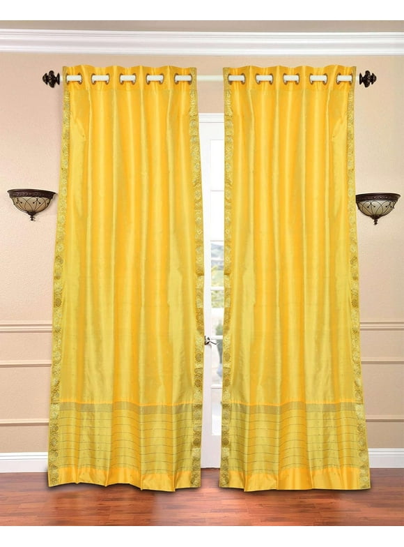 Ring Top Sheer Sari Curtains 80"W x 84"L matching tiebacks- Handcrafted Yellow Indian Drapes Unlined for light & airy ambience Perfect for Living/Bedroom/Dining Room Sold in Pairs