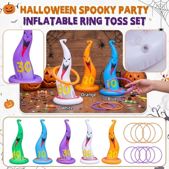 Ring Toss Game for Student, Inflatable Halloween Decorations Outdoor, with 5 Inflatable Ghost Witch Hats, 10 Rings for Ring Toss and 1 Air Pump, Halloween Party Supplies for