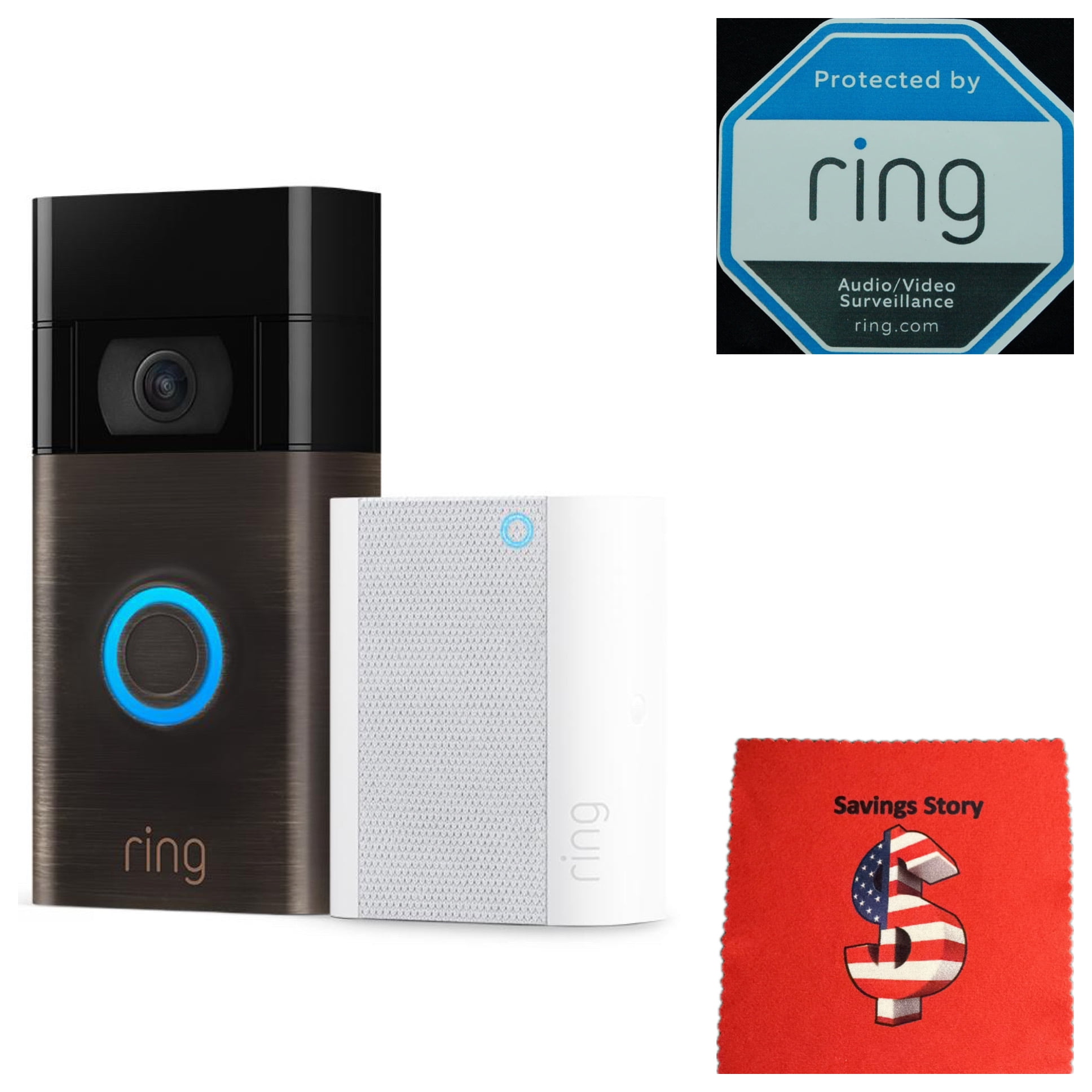 Ring Wireless Video Doorbell and Chime Bundle, Bronze, Battery/Wired