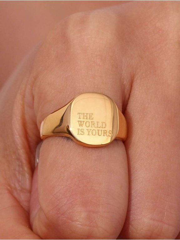 Ring With The World Is Yours Inscription Gold Tone Stainless Steel