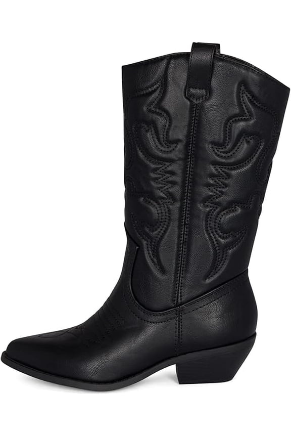 Ring- Women's Cowboy / Cowgirl Pull On Western Stacked Heel Mid Calf Almond Pointed Toe Boots (Black,6)