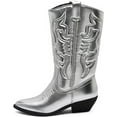 thumbnail image 1 of Ring- Women's Cowboy / Cowgirl Pull On Western Stacked Heel Mid Calf Almond Pointed Toe Boots (Silver, 9), 1 of 7