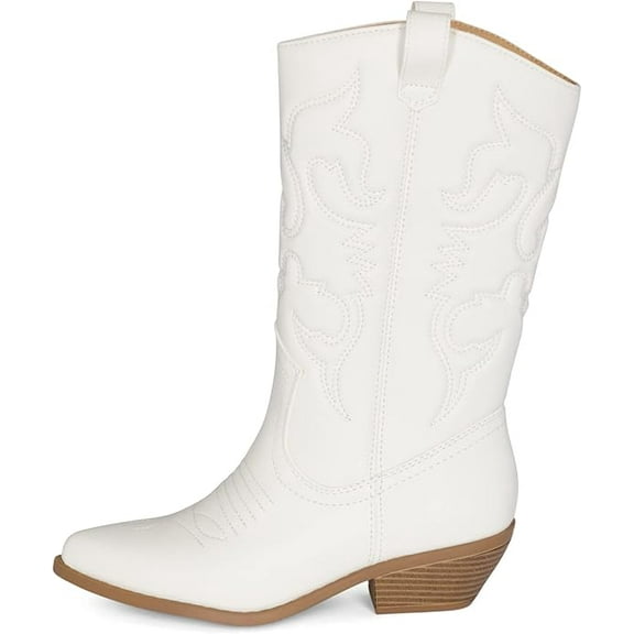 Ring- Women's Cowboy / Cowgirl Pull On Western Stacked Heel Mid Calf Almond Pointed Toe Boots (White PU/ L-Nude,7)
