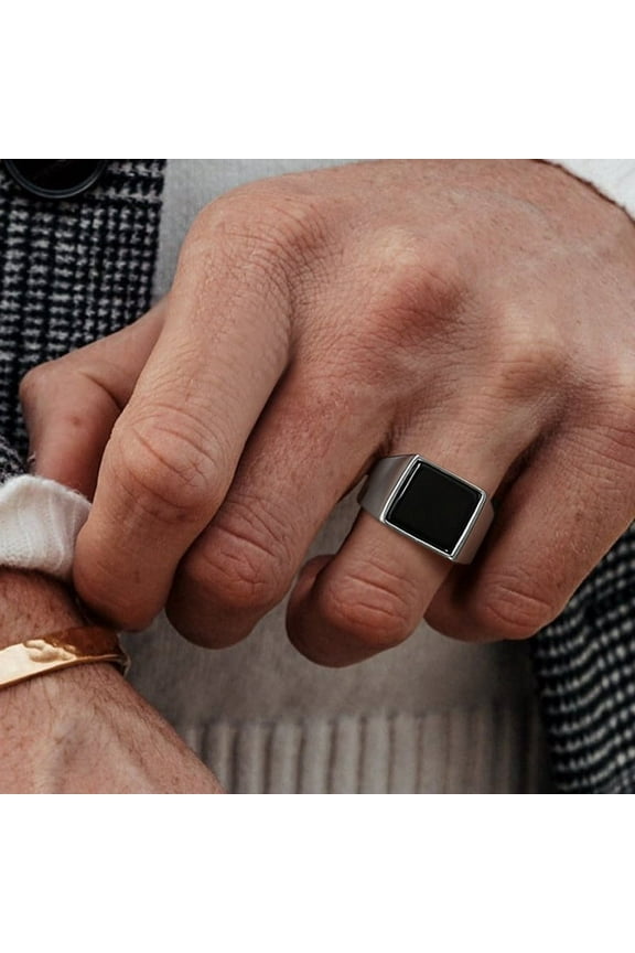 Ring for Men, 14K White Gold Square Signet Ring, Black Enamel Men's Pinky Rings,Gents Jewelry