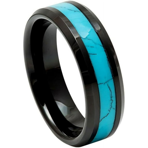 Ring for Men and Ladies Black IP Plated Blue Turquoise Inlay – 6mm Wedding Band Ring Ideal Rings for Couples
