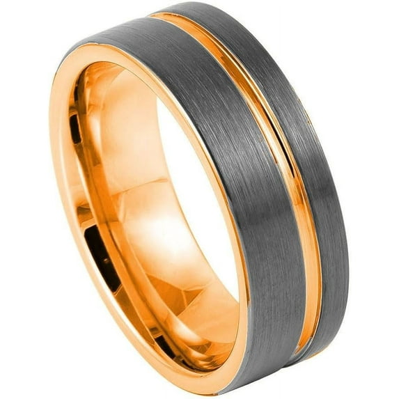 Ring for Men and Ladies Gun Metal IP Plated with Off Center Rose Gold Plated Groove – 8mm Wedding Band Ring Ideal Rings for Couples