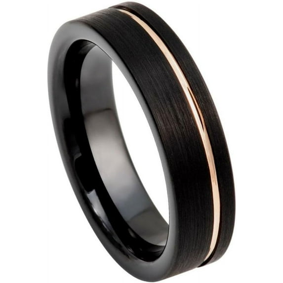 Ring for Men and Ladies ipauly inc Ring Black IP Brushed Pipe-cut with Off-center Rose Gold IP Groove – 6mm Wedding Band Ring Ideal Rings for Couples