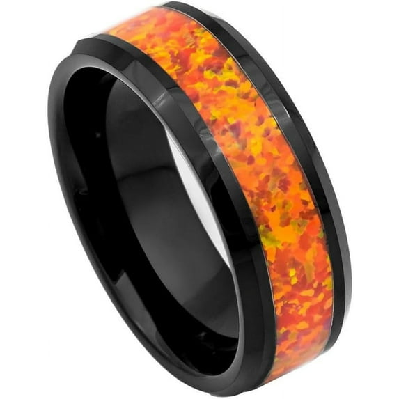 Ring for Men and Ladies ipauly inc Ring Black IP Plated with Synthetic Orange Opal Inlay – 8mm Wedding Band Ring Ideal Rings for Couples
