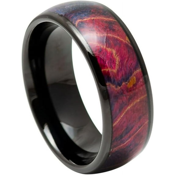Ring for Men and Ladies ipauly inc Ring Domed Black IP Ring with Stabilized Burl Wood Inlay – 8mm Wedding Band Ring Ideal Rings for Couples