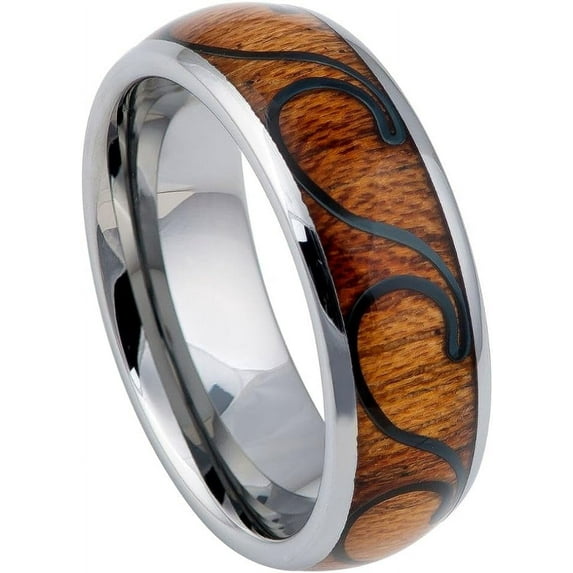 Ring for Men and Ladies ipauly inc Ring Hawaiian Koa with Black Plated Wave Design Inlay Domed Ring – 8mm Wedding Band Ring Ideal Rings for Couples
