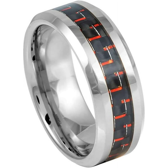 Ring for Men and Ladies ipauly inc Ring High Polished with Red & Black Carbon Fiber Inlay 8mm> Wedding Band Ring Ideal Rings for Couples