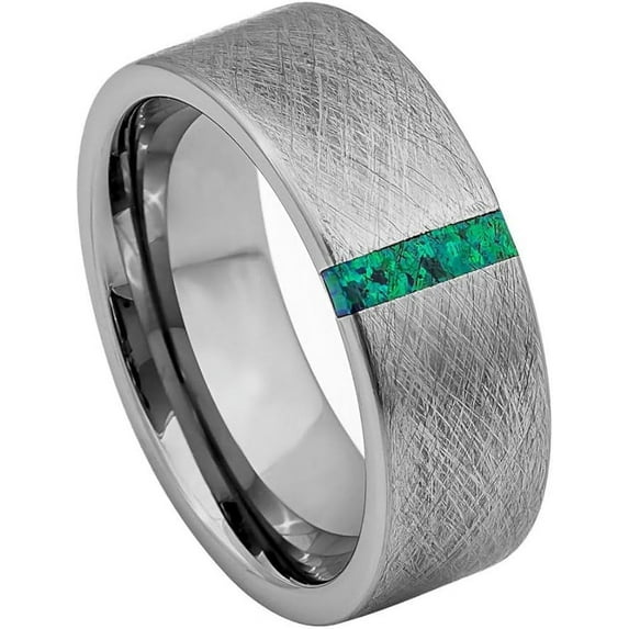Ring for Men and Ladies ipauly inc Ring Ice Finish Center with Synthetic Lime Green Opal Bar Inlay – 8mm Wedding Band Ring Ideal Rings for Couples