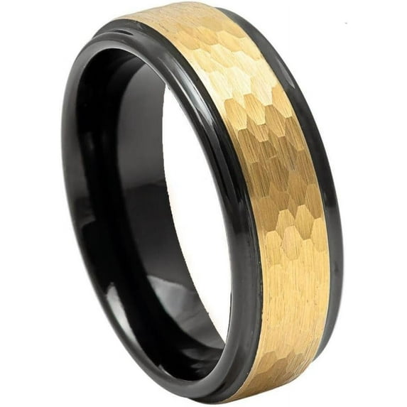 Ring for Men and Ladies ipauly inc Ring Yellow IP Hammered Center with Black IP Stepped Edge – 6mm Wedding Band Ring Ideal Rings for Couples