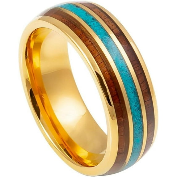 Ring for Men and Ladiesipauly incRing Yellow Gold IP Plated with Rosewood & Crushed Turquoise Inlay – 8mm Wedding Band Ring Ideal Rings for Couples