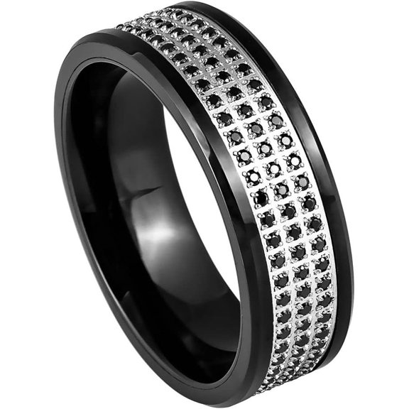 Ring for Men and Women Black IP Plated 3-rows Black CZ Eternity – 8mm Wedding Band Ring Ideal Rings for Couples