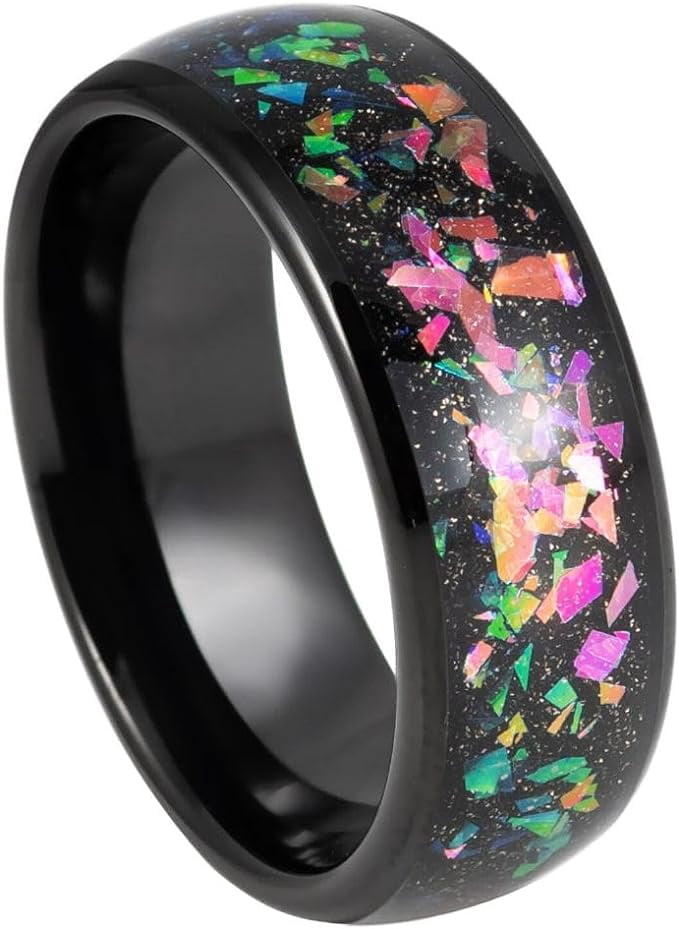Men's Tungsten Ring With Blue-Green Opal & Wood Inlay - 8mm White Gold Wedding Band For Him, Size 9