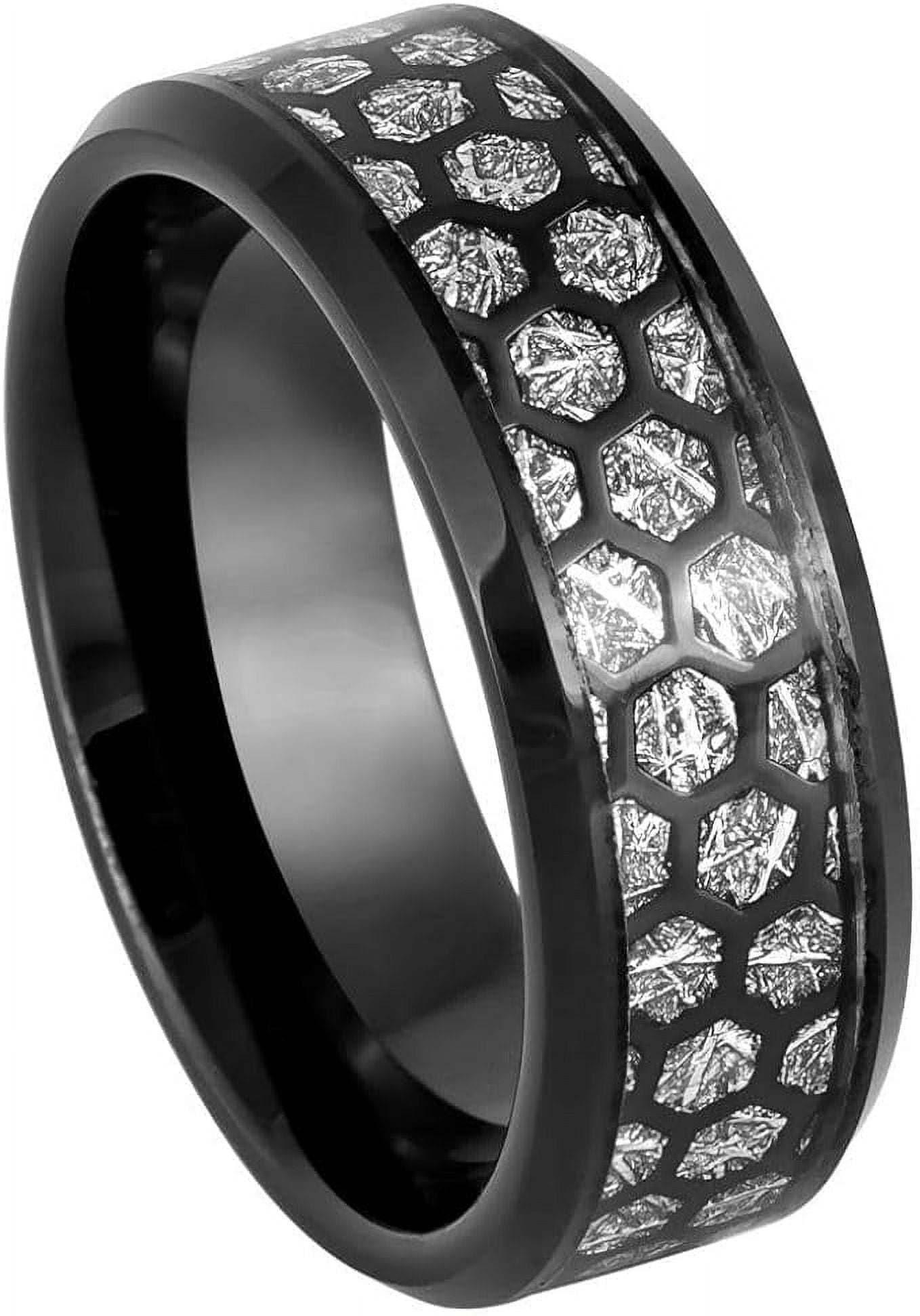 Ring for Men and Women Honeycomb Cut out over Fake Meteorite Inlay Beveled Edge 8mm Wedding Band Ring Ideal Rings for Couples