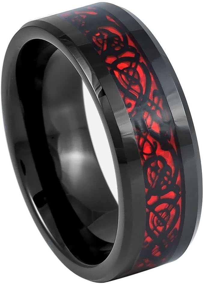 Ring for Men and Women Tungsten Ring Black & Red Celtic Dragon Cut-Out ...