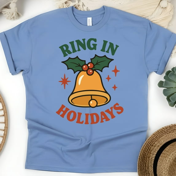 Ring in Holidays Shirt | Festive Bell Graphic Tee with Holly | Unisex Casual T-Shirt, CarolinaBlue, Size L