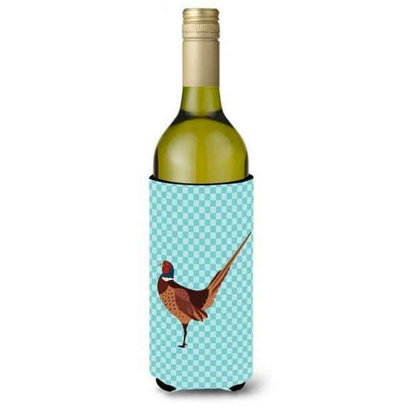 Ring-necked Common Pheasant Blue Check Wine Bottle Beverge Insulator Hugger